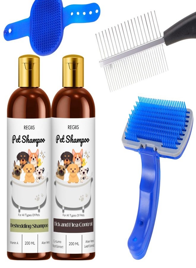 مجموعة العناية بالحيوانات الأليفة مع شامبو لإزالة الشعر الزائد وشامبو للتحكم في القراد، وفرشاة زرقاء ذاتية التنظيف، 200 مل، لجميع أنواع الحيوانات الأليفة (عبوة من 5 قطع) - Image 1